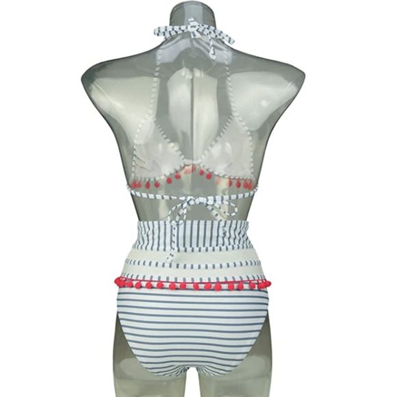 NWOT COCOSHIP Women's Mesh Striped High Waist Bikini Set Tassel Trim Top Halter - Picture 5 of 5